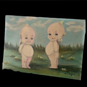 Vintage Original Kewpie Doll Angel Painting on Canvas by A. Cowger 1974 Art Work